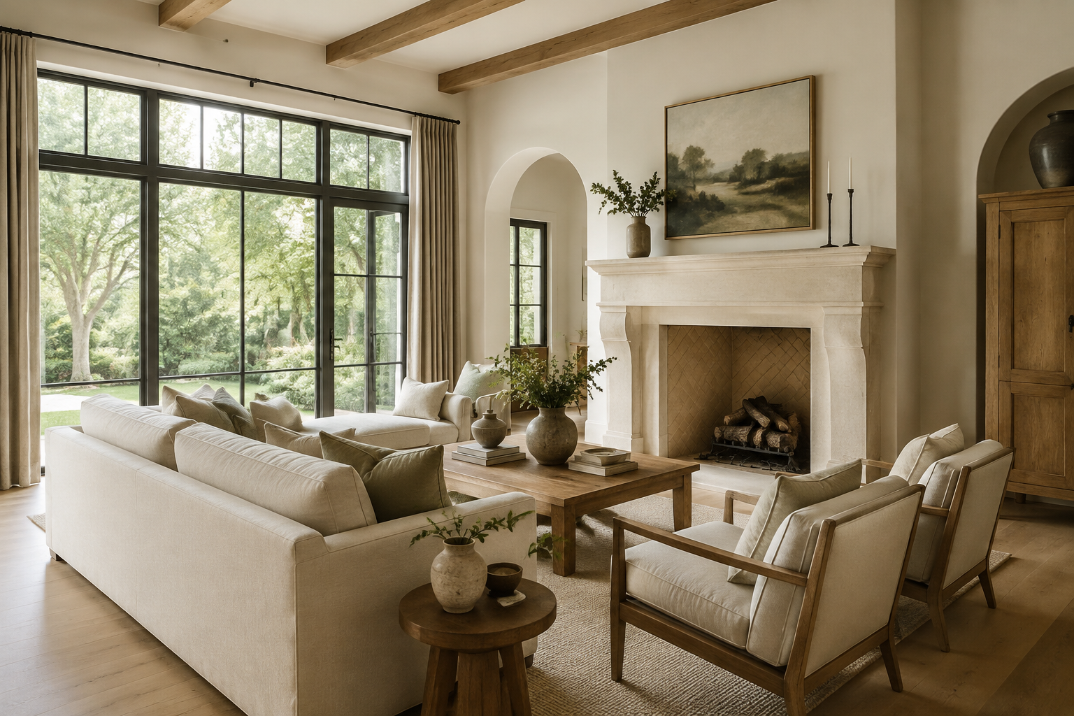 Illustrative sunlit living room with oak beams and a limestone fireplace