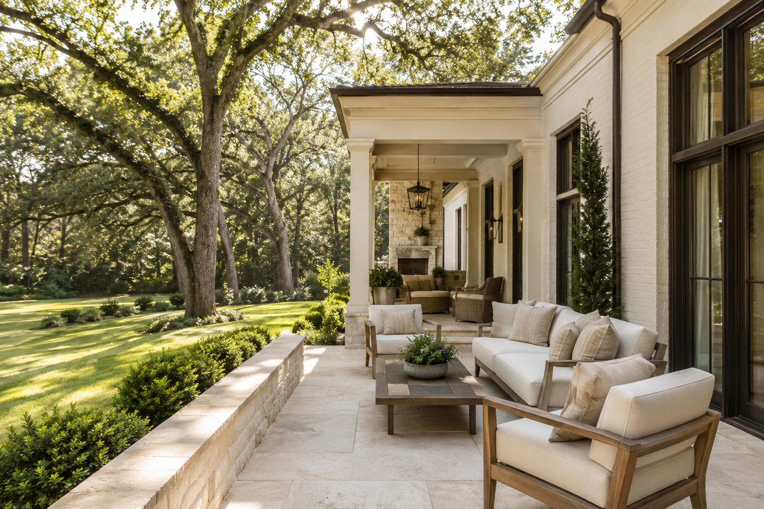 Illustrative covered veranda opening onto a green Carolina-inspired garden